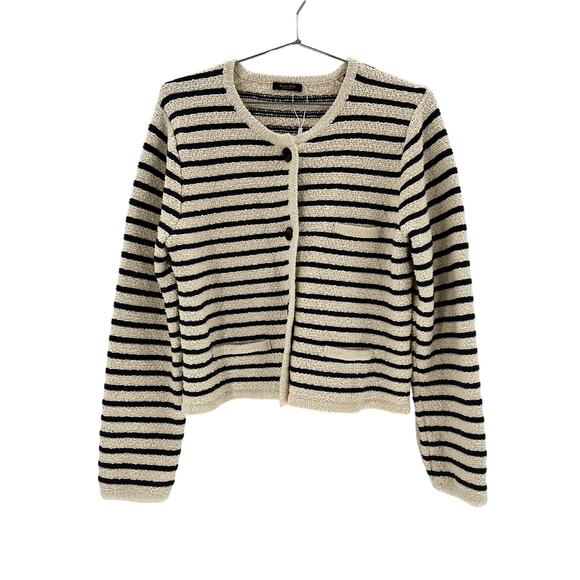 Massimo Dutti Cream Striped Knit Textured Cardigan Size L - Picture 2 of 4